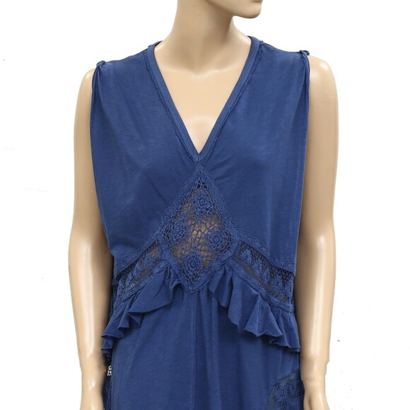 Free People Willow Maxi Top Cochet Lace Ruffle Cotton Jersey Blue S New 283791 - Picture 6 of 9